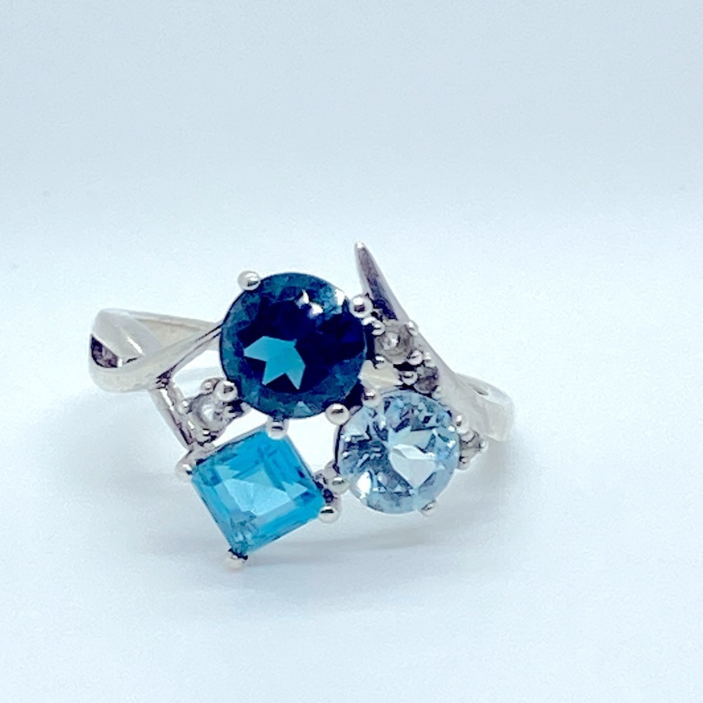 Vtg Sterling Topaz & Diamond Gemstone Cluster 925 Silver Ring | Sz 8.25 - Picture 5 of 16